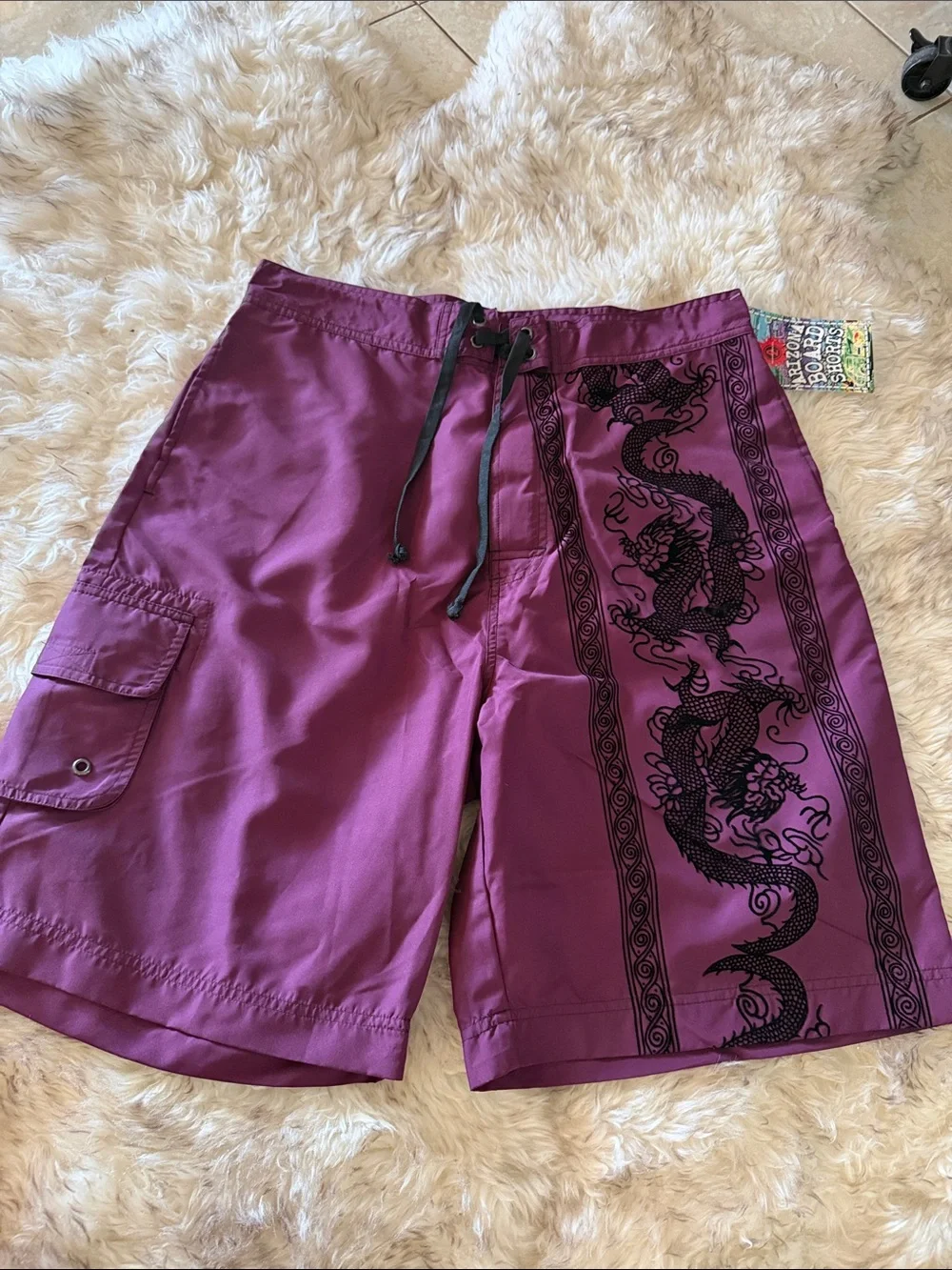 New vtg Arizona Men's Purple Dragon embroidered Print board Swim Shorts 36 Y2K